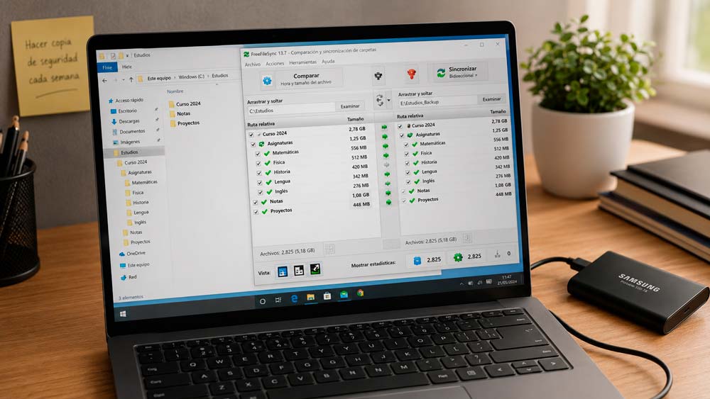 Carpetas de apuntes y trabajos de un estudiante copiadas desde un portátil Windows a una unidad externa
