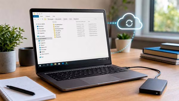 Portátil de estudiante con archivos académicos respaldados en la nube y en una unidad externa