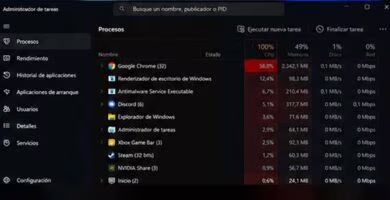 Administrador de tareas de Windows mostrando un uso elevado del procesador