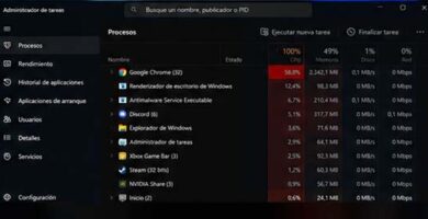 Administrador de tareas de Windows mostrando un uso elevado del procesador