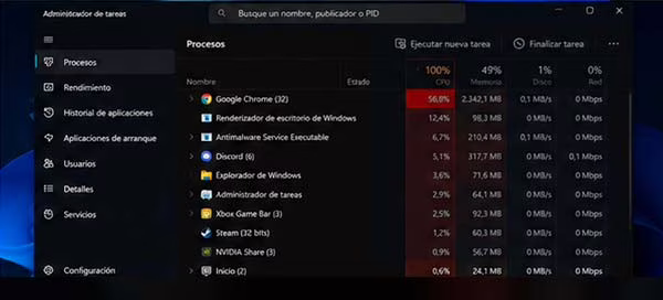 Administrador de tareas de Windows mostrando un uso elevado del procesador