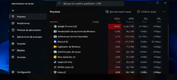 Administrador de tareas de Windows mostrando un uso elevado del procesador