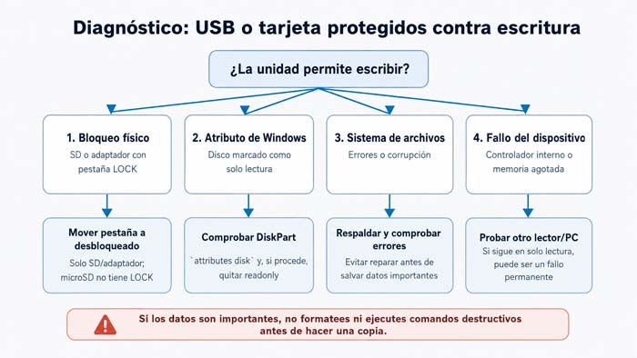 Esquema para diagnosticar si la protección contra escritura procede de bloqueo físico, Windows, sistema de archivos o fallo de memoria