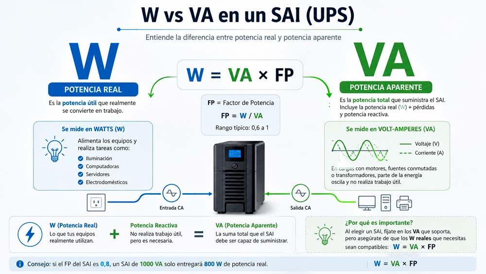 Diferencia entre vatios y voltamperios en un SAI o UPS