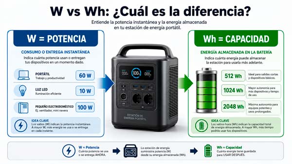 Diferencia entre vatios y vatios hora en una estación de energía portátil