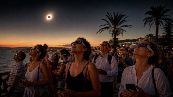 Personas observando el eclipse solar en España mientras disminuye temporalmente el uso de Internet