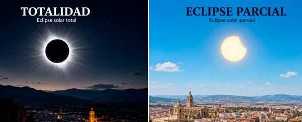 Diferencia entre el eclipse solar total y parcial de agosto de 2027 en España