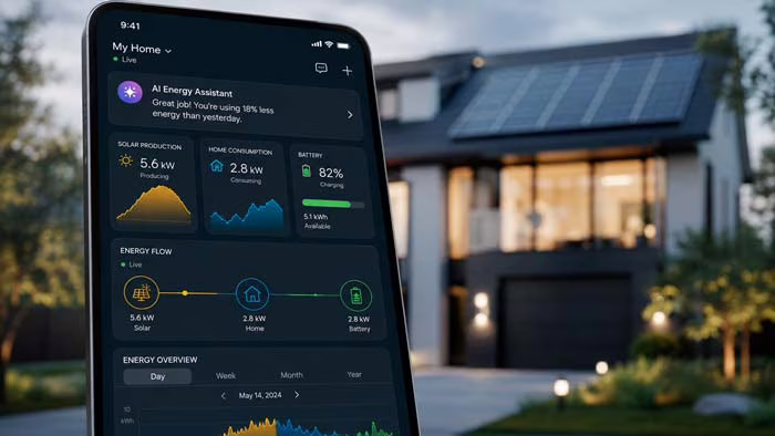 Interfaz de Enphase AI Assistant mostrando datos de producción solar, consumo y batería de una vivienda