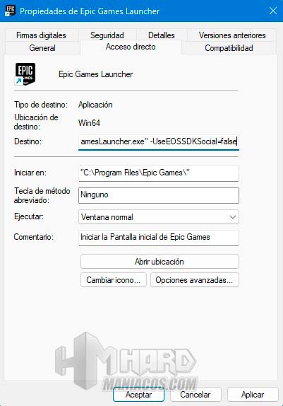 Propiedades del acceso directo de Epic Games Launcher con el parámetro UseEOSSDKSocial false en el campo Destino