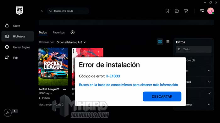 Error II-E1003 de Epic Games Launcher al intentar instalar Rocket League en Windows