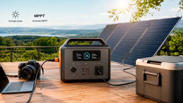 Estación de energía portátil conectada a placas solares mediante entrada MPPT