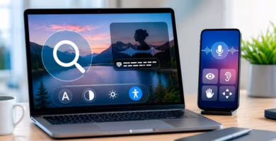 Ordenador portátil y smartphone mostrando herramientas de accesibilidad para visión, audición y control