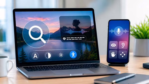 Ordenador portátil y smartphone mostrando herramientas de accesibilidad para visión, audición y control