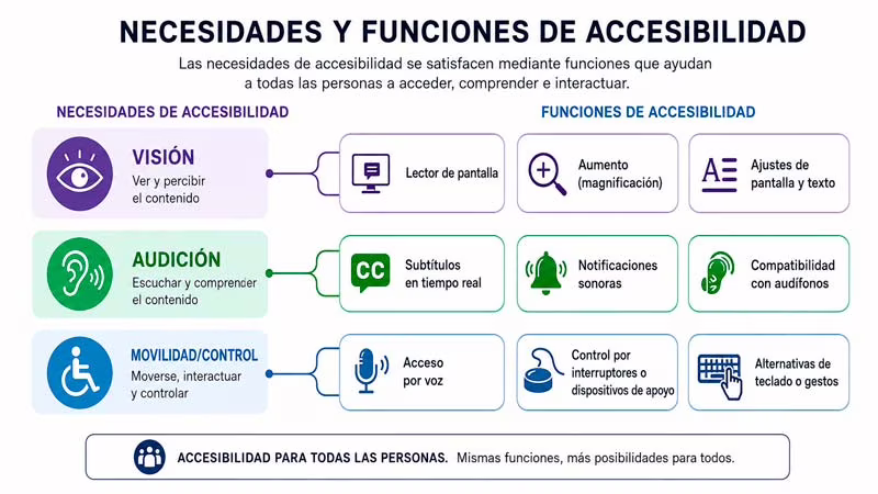 Esquema que relaciona necesidades de visión, audición y movilidad con funciones de accesibilidad