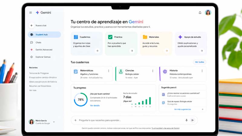 Centro de estudiantes de Gemini con notebooks de estudio, cuestionarios y herramientas de aprendizaje