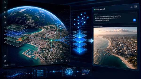 Nano Banana 2 generando imágenes con inteligencia artificial sobre una vista de Google Earth