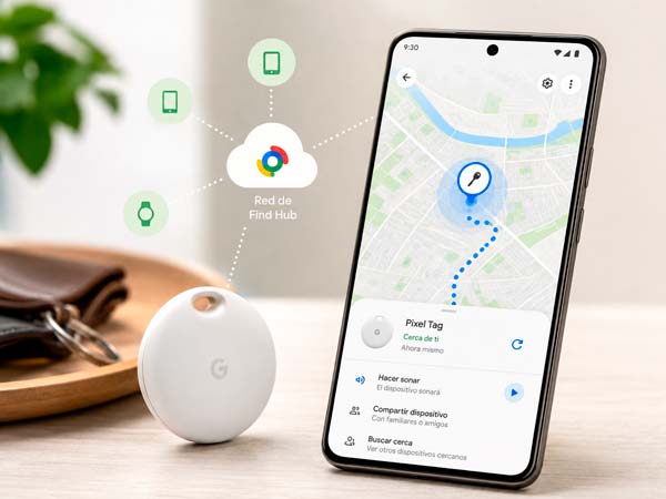 Google Pixel Tag localizado en el mapa mediante la red Find Hub de Android