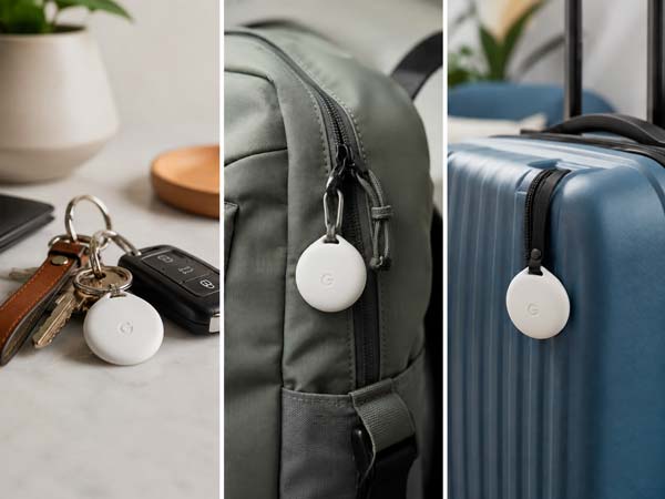 Google Pixel Tag colocado en llaves mochila y maleta para localizar objetos perdidos