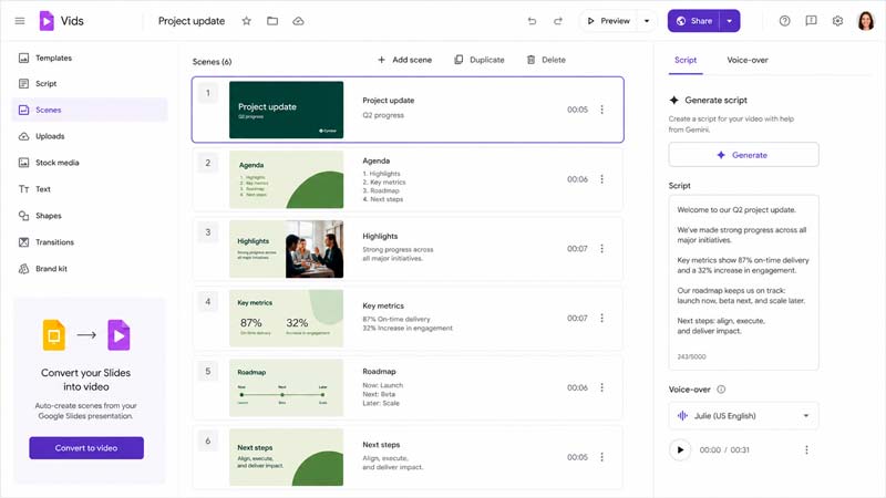 Google Vids convierte diapositivas de Google Slides en escenas de vídeo con guion y voz en off