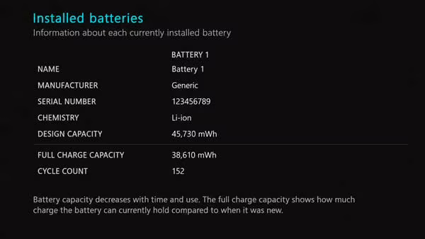 Informe batteryreport de Windows con Design Capacity y Full Charge Capacity de la batería de un portátil