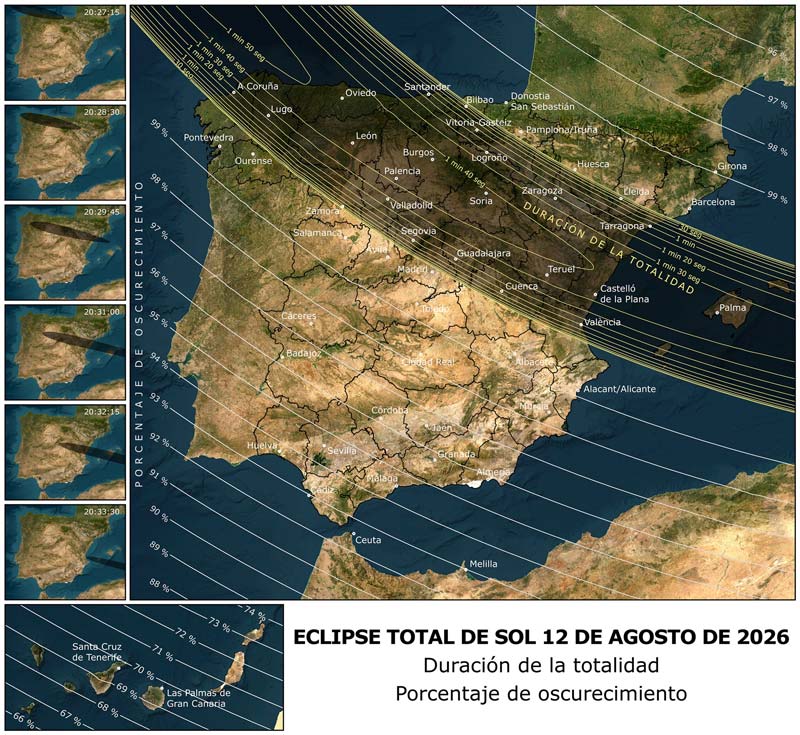 Mapa oficial del eclipse solar total del 12 de agosto de 2026 en España con la franja de totalidad y porcentaje de oscurecimiento