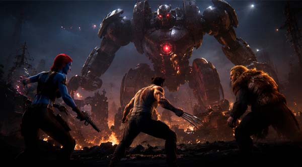Wolverine lucha contra un Centinela junto a Mystique y Sabretooth