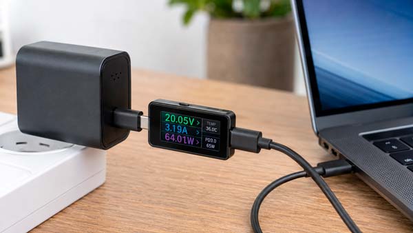 Medidor USB-C mostrando voltaje corriente y potencia real de un cargador