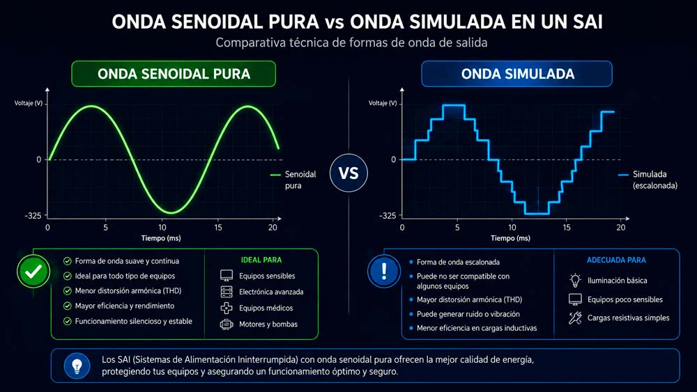 Comparativa entre onda senoidal pura y onda simulada en un SAI