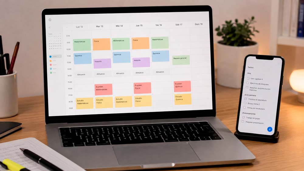 Calendario de estudio, tareas y fechas de exámenes organizados entre un portátil y un teléfono móvil