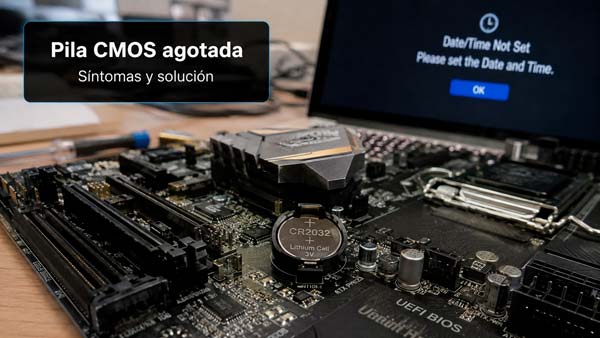 Pila CMOS de una placa base junto a un PC que ha perdido la fecha y la hora