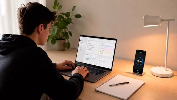 Estudiante utilizando un portátil y un móvil para planificar una sesión de estudio sin distracciones