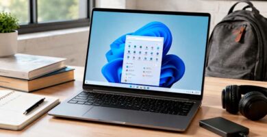 Portátil preparado para estudiar con Windows, cuaderno y material escolar sobre un escritorio ordenado