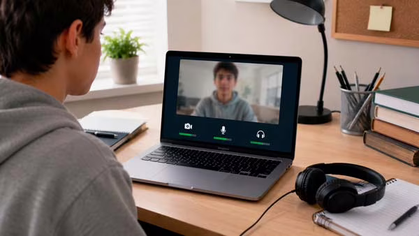Estudiante comprobando webcam, micrófono y auriculares de un portátil antes de una videollamada
