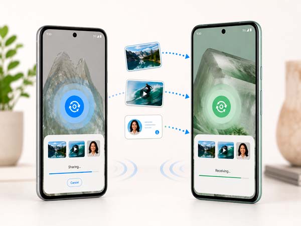 Dos móviles Pixel compartiendo fotos vídeos y contactos con Quick Share al acercarlos