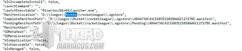 Archivo EGI de Epic Online Services con Rocket League identificado como Sugar y estado Installed