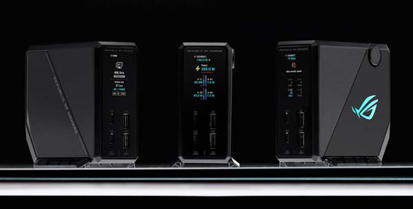 Pantalla LCD de 1,9 pulgadas del ROG Flux Charger Dock mostrando datos de carga