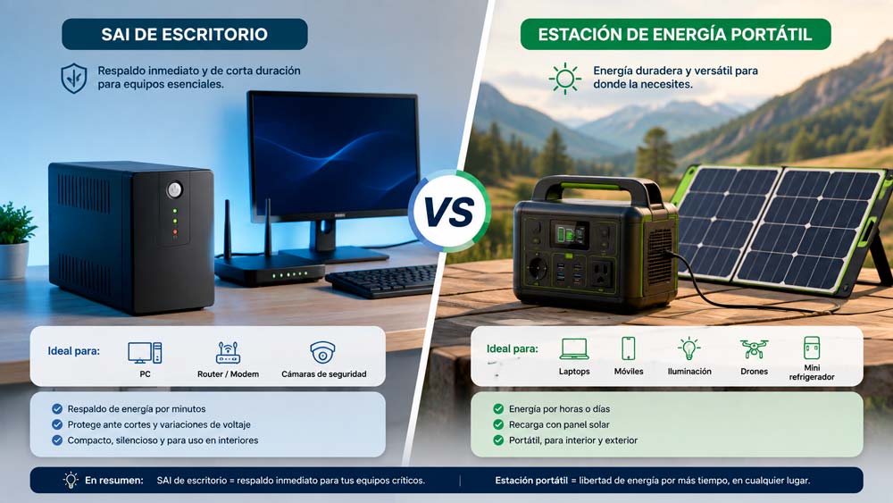 Comparativa visual entre un SAI y una estación de energía portátil