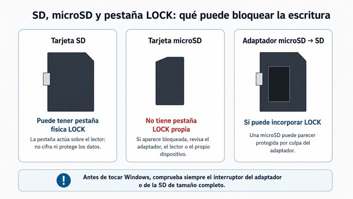 Comparación de una tarjeta SD con interruptor LOCK y una microSD dentro de un adaptador con protección contra escritura