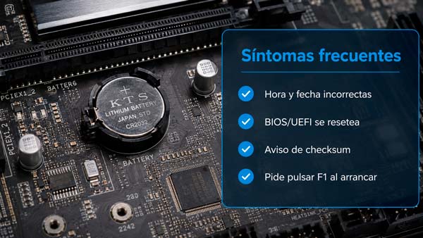 Esquema en español con los síntomas habituales de una pila CMOS agotada como pérdida de hora y ajustes de BIOS