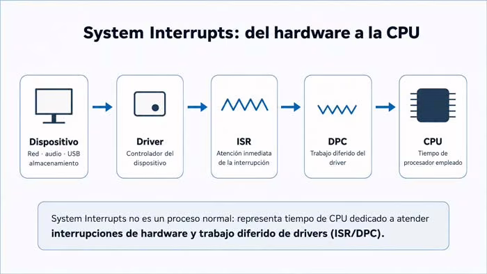 Esquema de dispositivos y drivers generando interrupciones que consumen CPU en Windows