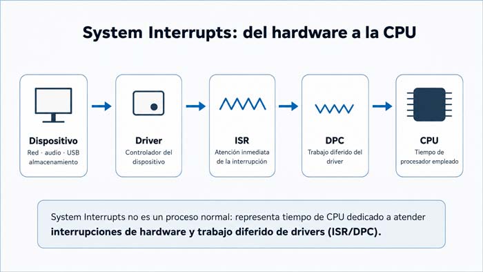 Esquema de dispositivos y drivers generando interrupciones que consumen CPU en Windows