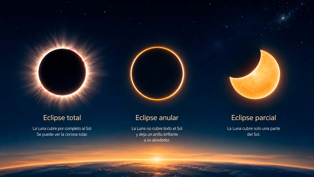 Comparación entre eclipse solar total, anular y parcial