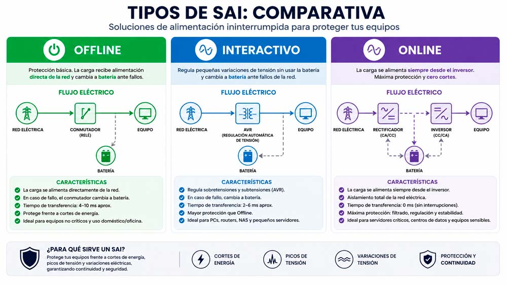 Esquema de los tipos de SAI offline interactivo y online