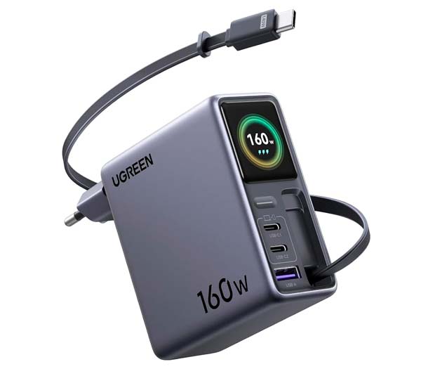 UGREEN Nexode Pro de 160 W con cuatro puertos, cable USB-C retráctil y pantalla inteligente