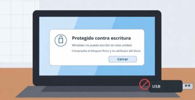 Memoria USB conectada a un PC con Windows mostrando un aviso de disco protegido contra escritura