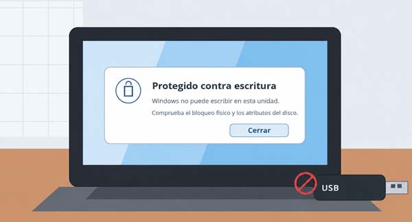 Memoria USB conectada a un PC con Windows mostrando un aviso de disco protegido contra escritura