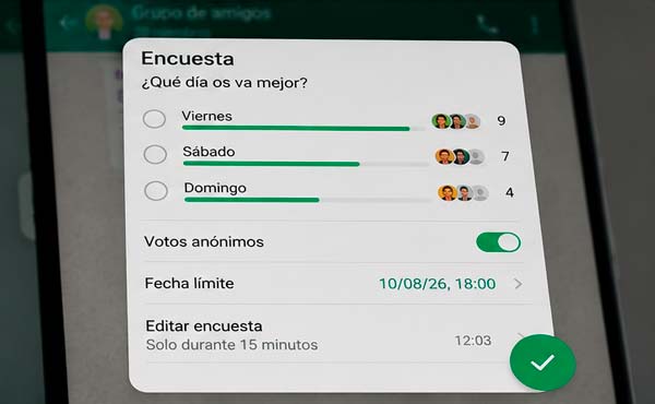 Encuestas de WhatsApp con voto anónimo fecha límite y edición durante 15 minutos