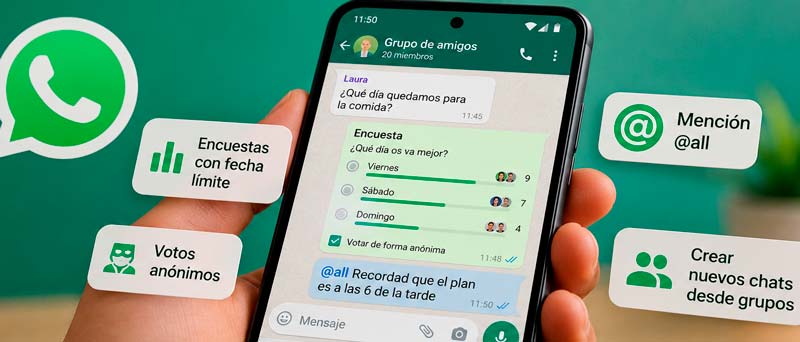 WhatsApp cambia los grupos con menciones @all encuestas anónimas y nuevas opciones de organización