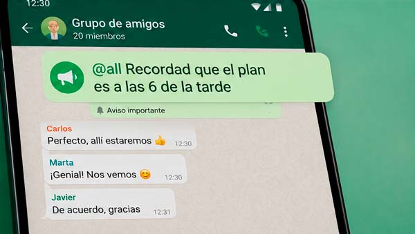 Mención @all en un grupo de WhatsApp para avisar a todos los miembros