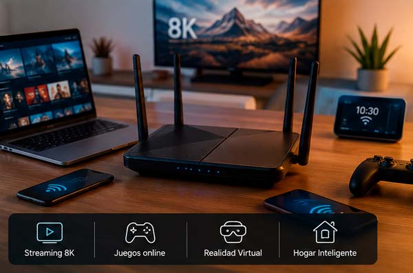 Router WiFi 7 conectado a dispositivos del hogar como portátiles móviles consolas y televisión 8K